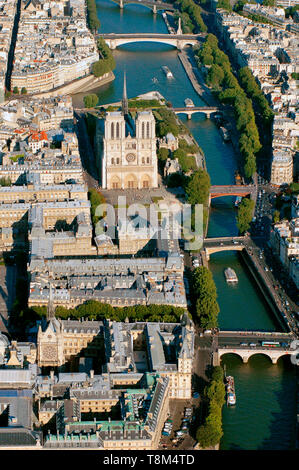 Francia, Parigi (75), area elencati come patrimonio mondiale dall'UNESCO, la cattedrale di Notre Dame a l'Ile de la Cité (vista aerea) Foto Stock