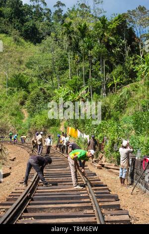 Sri Lanka, provincia di Uva, Ella, i ferrovieri lavorano su ferrovia Foto Stock