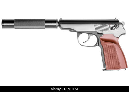 Pistola close up su sfondo bianco arma con silenziatore Foto Stock