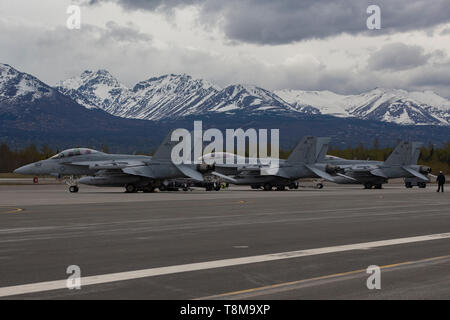 Stati Uniti Navy F/A-18 calabroni da VX-9 Squadron, Cina lago, California sono parcheggiate per esercitare il bordo settentrionale, può 9,2019, a base comune Elmendorf-Richardson, Alaska. Con i partecipanti e le risorse da U.S Air Force, Marine Corps e marina, bordo settentrionale è l'Alaska premier joint-esercizio progettato per mettere in pratica le operazioni e maggiore interoperabilità tra i servizi. (U.S. Marine Corps foto di Cpl. Cutler Brice) Foto Stock