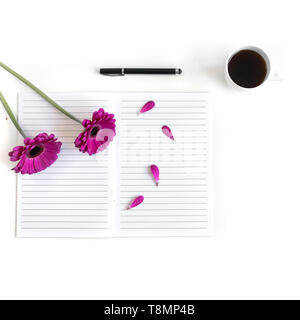 Lay piatto aprire la Bibbia o il libro e rosa, viola, viola, rosso Gerbera fiore su uno sfondo bianco. Con petali di rosa, tè nero, open journal, penna nera Foto Stock