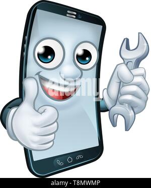 Telefono cellulare chiave di riparazione Thumbs up mascotte Illustrazione Vettoriale