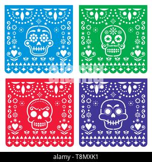Papel Picado design con teschi di zucchero, messicano carta tagliata fuori collezione di pattern - Halloween, Dia de los Muertos, il giorno dei morti la celebrazione Illustrazione Vettoriale