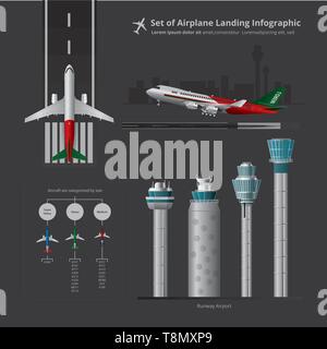 Set di atterraggio aereo Una infografica con torre di controllo isolato illustrazione vettoriale Illustrazione Vettoriale