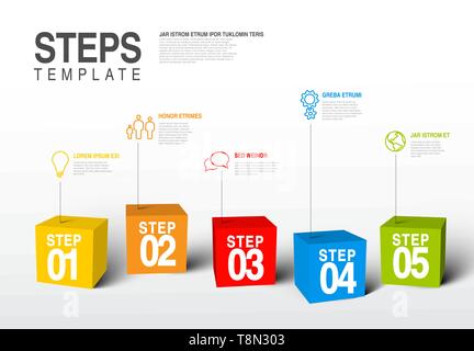 Vector cinque fasi di progresso modello infografico realizzato da cubi colorati e icone Illustrazione Vettoriale