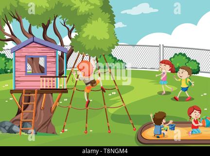 Bambini che giocano nel parco giochi illustrazione Illustrazione Vettoriale