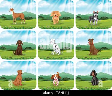 Set di cani nel parco illustrazione della scena Illustrazione Vettoriale