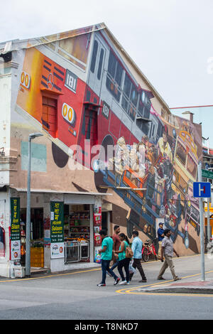 Enorme colorati wall arte pittura presso Baboo Lane in Little India, Singapore Foto Stock