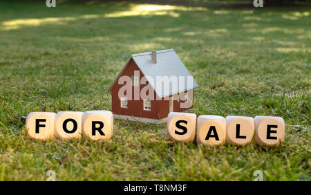 Cubi formano le parole " per la vendita " di fronte a una casa in miniatura. Foto Stock