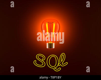 Conceptual 3D reso illustrazione di una luce splendente e lampadina al neon parola illuminata di SQL. Foto Stock