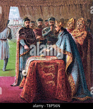 Il re Giovanni firma la Magna Charta, illustrazione di Joseph Martin Kronheim, 1868 Foto Stock