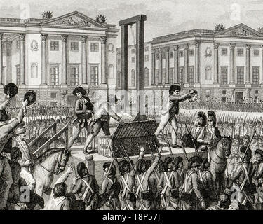 Rivoluzione francese. Esecuzione di Luigi XVI. 21st gennaio 1793 la morte di Luigi Capet (Luigi XVI) in Place de la Revolution, Parigi, incisione 1794 Foto Stock