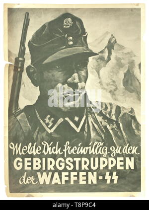 Poster di reclutamento 'Melde Dich freiwillig zu den Gebirgstruppen der Waffen-SS' ('Segno fino volontariamente per le truppe di montagna delle Waffen-SS") progettato da Ottomar Anton, dopo 1939, rilasciato dalla SS capo ufficio/ufficio supplementare delle Waffen-SS, Berlino W 35, dimensioni 57 x 42 cm, laminato. Estremamente raro. Viene fornito con un poster relativo al referendum del 10 aprile 1938 sulla riunificazione dell'Austria con il Reich tedesco, ritratto di Adolf Hitler, sotto 'Ja!", dimensioni 42,5 x 30 cm. Entrambi i manifesti sono danneggiati. Ottomar Anton (1895 - 1976), pittore e artista grafico un, Editorial-Use-solo Foto Stock