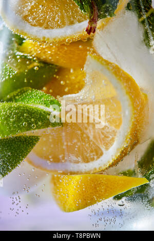 Fette di limone e lime con bolle di acqua in un bicchiere. Foto macro di limonata fresca Foto Stock
