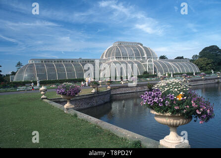 La mitica Palm House di Kew Gardens, Londra, è stato progettato da Decimus Burton. Esso è stato costruito dal ferro-maker Richard Turner, e fu la prima grande uso strutturale di ferro battuto e fu costruito tra il 1844 e il 1848. Foto Stock