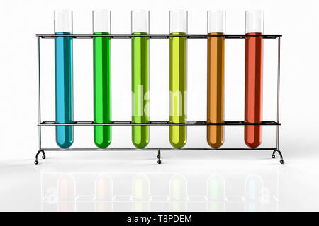 3D rendering di provette riempite con liquidi di colori diversi Foto Stock