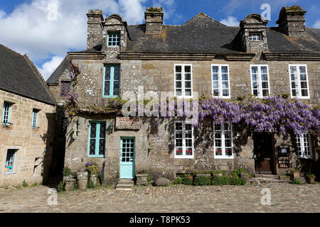 Tradizionali case in pietra con glicine crescente su facciate con persiane blu e porta in conserve di borgo medievale di Locronan in Bretagna, Francia Foto Stock