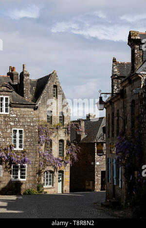 Tradizionali case in pietra con glicine crescente su facciate con persiane blu e porta in conserve di borgo medievale di Locronan in Bretagna, Francia Foto Stock