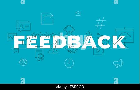 Feedback il concetto di parola. L'Employee Engagement. La soddisfazione del cliente. Isolato caratteri tipografici idea con le icone della linea. Revisione e consigli outli vettore Illustrazione Vettoriale