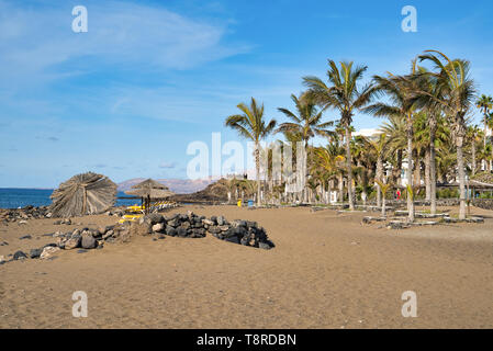 Lanzarote, Isole Canarie, Spagna. Provincia di Las Palmas. Sabbiosa spiaggia vulcanica. Le pietre sulla sabbia, coltivazione di palme, lettini da sole e ombrelloni. Il riposo Foto Stock