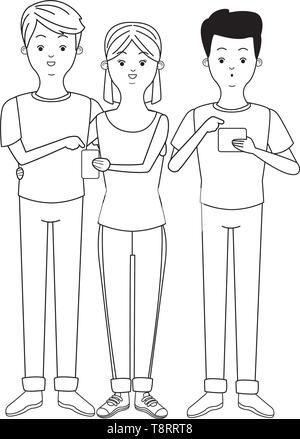 Millennial smartphone e cartoni animati in bianco e nero Illustrazione Vettoriale
