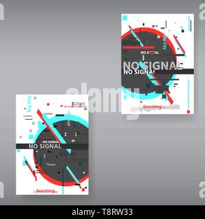 Glitch il modello di pagina . Tv segnale distorto il caos, glitched effetto distorsione foto a colori di dissoluzione e di difetto di glitch bug cerchi, vhs rumore bianco de Illustrazione Vettoriale