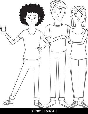 Millennial smartphone e cartoni animati in bianco e nero Illustrazione Vettoriale