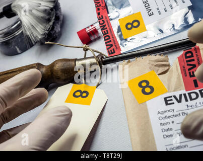 Esperto di polizia ispeziona un cacciavite dalla scena di un crimine, immagine concettuale Foto Stock