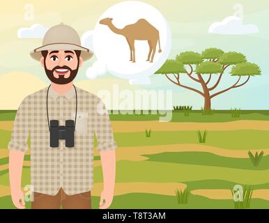 Uomo felice in Cork hat, animale Hunter pensa il cammello, paesaggio safari, ombrello acacia, campagna Africana, illustrazione vettoriale Illustrazione Vettoriale
