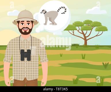 Uomo felice in Cork hat, animale Hunter pensa lemur, safari paesaggio, ombrello acacia, campagna Africana, illustrazione vettoriale Illustrazione Vettoriale