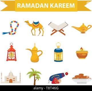 Il Ramadan kareem flat icon set, stile cartoon. Collezione di design Arabo elementi con il cammello, il Corano, lanterne, rosario, cibo, moschea. Vettore Illustrazione Vettoriale