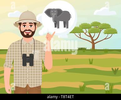 Uomo felice in un tappo di sughero hat, animale Hunter pensa di un elefante africano, paesaggio safari, ombrello acacia, campagna Africana, illustrazione vettoriale Illustrazione Vettoriale
