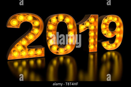 2019 cartello da golden lampadina lettere, retro incandescente font. Il rendering 3D Foto Stock