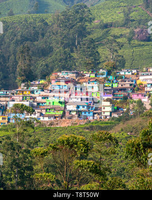Vista verticale della coloratissima nuova colonia in Munnar, India. Foto Stock