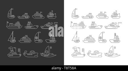 Due opzioni di navi e yacht e barche di forma rotonda illustrazione vettoriale. Line art icone su un nero e su sfondi bianchi. Illustrazione Vettoriale