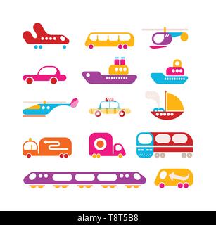 Vari mezzi di trasporto colorate icone vettoriali isolato su uno sfondo bianco. Set di elementi di design. Illustrazione Vettoriale