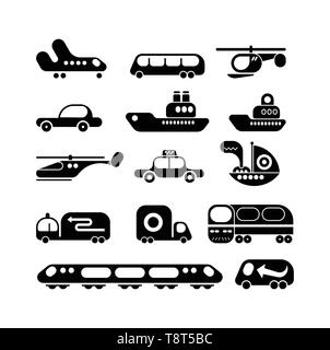 Vari mezzi di trasporto nero icone vettoriali isolato su uno sfondo bianco. Set di elementi di design. Illustrazione Vettoriale