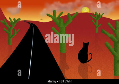 Strada nel deserto del fumetto. Rosso tramonto o l'alba, verde cactus e gatto nero Foto Stock