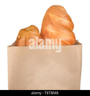 Pane francese nel sacchetto di carta isolato su bianco Foto Stock