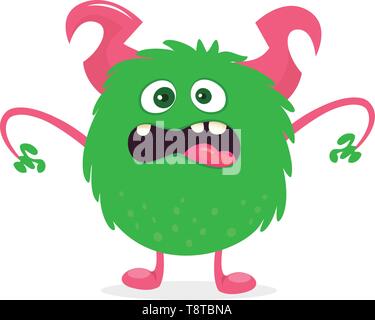 Happy cartoon monster con grande bocca piena di denti. Vector Green monster illustrazione. Il design di Halloween Illustrazione Vettoriale
