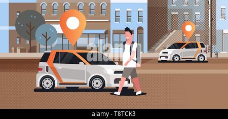 Vetture con perno di locazione su strada di ordinazione online taxi car sharing concetto di trasporto mobile uomo utilizzando il servizio carsharing città moderna street Illustrazione Vettoriale
