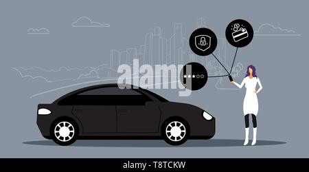 Donna che utilizza online mobile app rent car sharing nozione trasporto carsharing ragazza di servizio tenendo lo smartphone cabina di ordinazione cityscape sfondo Illustrazione Vettoriale