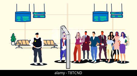 Funzionario di polizia controllo passeggeri e bagagli al rivelatore di metalli x-ray gate full body scanner controllo sicurezza in aeroporto concetto terminale di reparto Illustrazione Vettoriale