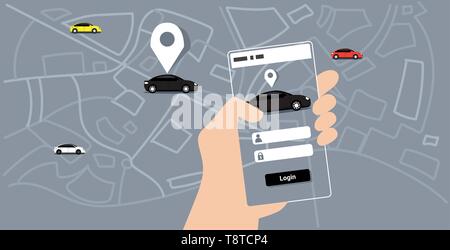 Mano umana utilizzando mobile app di ordinazione online di taxi car sharing concetto lo schermo dello smartphone mappa della città trasporti servizio carsharing schema applicativo Illustrazione Vettoriale