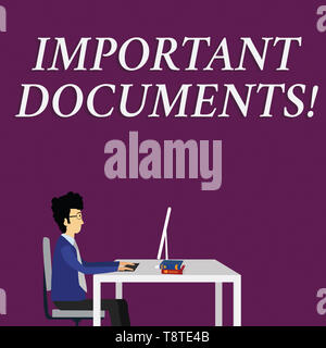 La scrittura della nota mostra documenti importanti. Il concetto di business per più ufficiale di pezzi di carta con la scrittura su di loro proprietari seduti su una sedia a lavorare Foto Stock