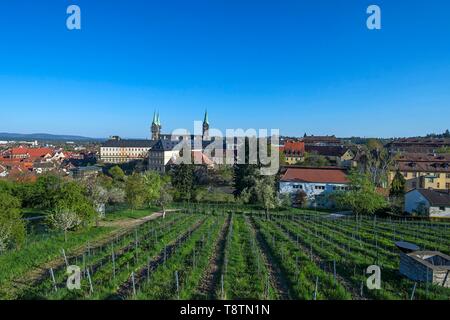 Nuova residenza, nel retro le torri della cattedrale, nella parte anteriore il giardino del monastero di San Michele con vigneto, Bamberg, Alta Franconia, Bavaria Foto Stock