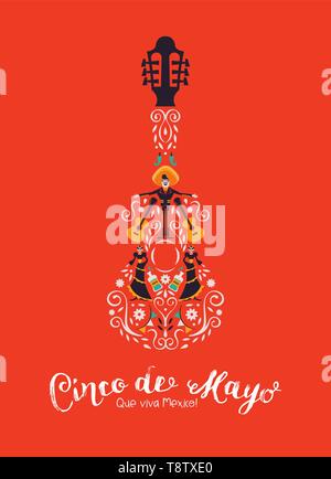 Cinco de Mayo illustrazione per l'indipendenza messicana celebrazione. Chitarra forma realizzato in Messico la cultura della decorazione. Include mariachi, peperoncino, e sk Illustrazione Vettoriale