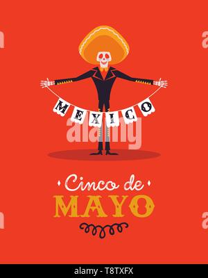 Happy Cinco de Mayo greeting card illustrazione per l'indipendenza messicana holiday celebrazione. Lo scheletro di festosa mariachi cantante con grande cappello. Illustrazione Vettoriale