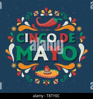 Cinco de Mayo biglietto di auguri per l'indipendenza messicana vacanza. Tipografia festosa preventivo con tradizionali decorazioni del Messico, peperoncino e mariachi Illustrazione Vettoriale
