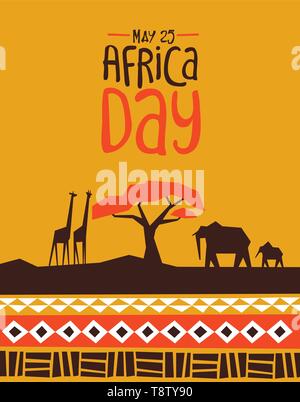 Giornata dell'Africa greeting card illustrazione con il tradizionale stile africano arte e decorazione di animali selvatici. Illustrazione Vettoriale